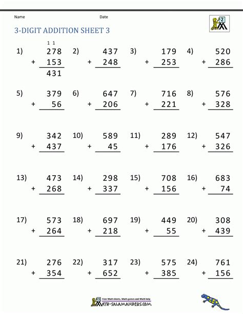 adding 3 digit numbers worksheet|Adding 3.
